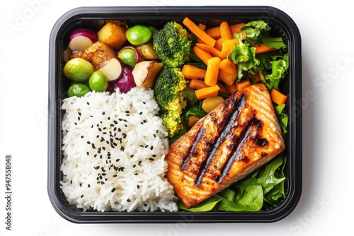 a bento box featuring perfectly cooked grilled salmon, fluffy rice, and vibrant vegetable stir fry.