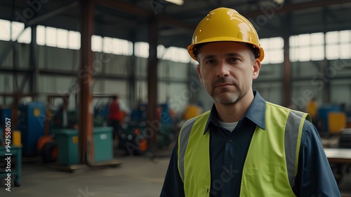 Industrial Worker with Safety Gear in a Workshop – Focus on Safety and Machinery