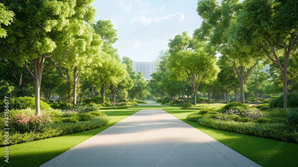 A serene walkway through a lush green park with trees, flowers, and bright blue sky on a sunny day. A serene walkway through a lush green park with trees, flowers, and bright blue sky on a sunny day.