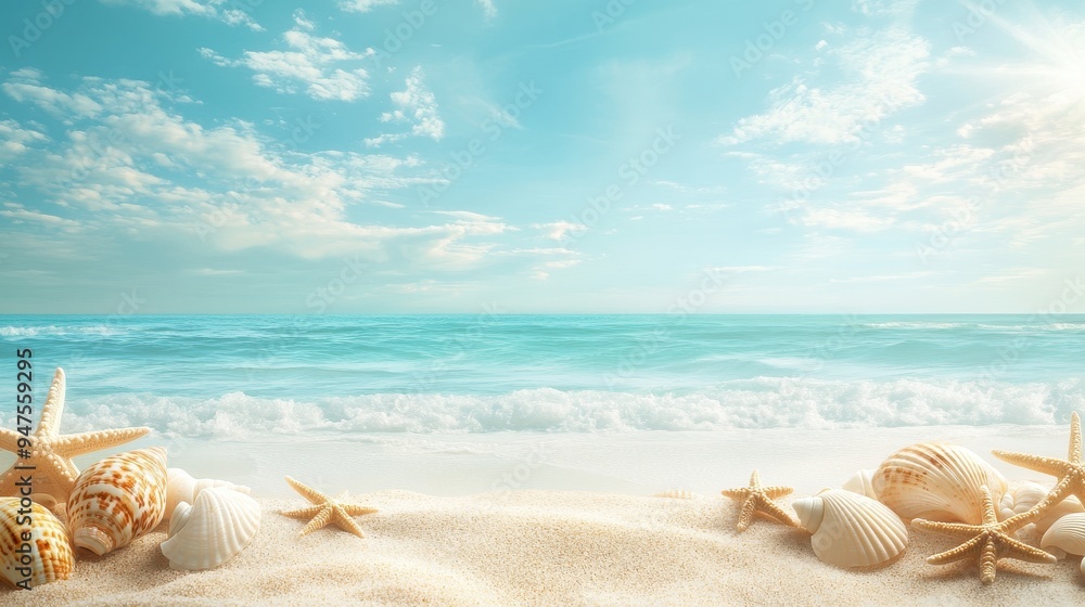 Seashells and Starfish on a Sandy Beach with Turquoise Ocean and Sky - Summer Vacation Background Seashells and Starfish on a Sandy Beach with Turquoise Ocean and Sky - Summer Vacation Background