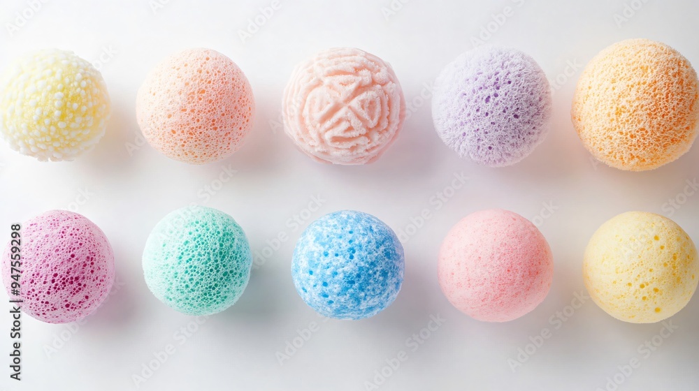 New Shower Puffs Set on White Background for Bath and Body Products