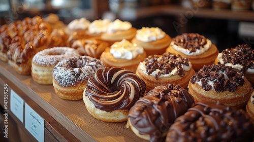 Close-Up of Pastries in Bakery Display Case, Featuring Chocolate-Swirled Doughnuts and Cream-Filled Scones, High-Detail Ultra-Realistic Photo