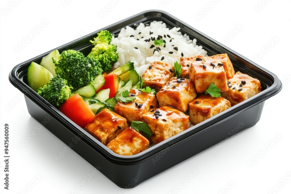 a bento box featuring teriyaki tofu, fluffy rice, and steamed vegetables. a bento box featuring teriyaki tofu, fluffy rice, and steamed vegetables.