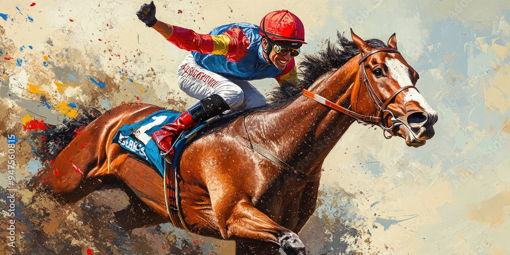 Obraz premium Jockey races fast on a horse, kicking up dust, aiming for the finish line, showcasing speed and strength in exciting equestrian competition. Melbourne Cup
