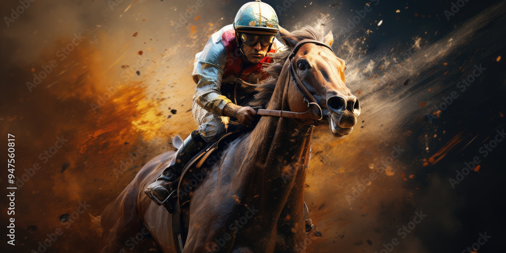 Fototapeta premium Jockey races fast on a horse, kicking up dust, aiming for the finish line, showcasing speed and strength in exciting equestrian competition. Melbourne Cup