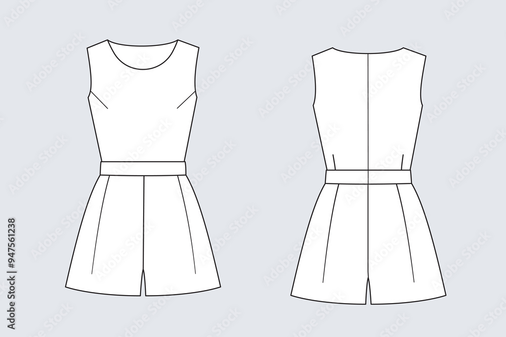 Female jumpsuit shorts vector template isolated on a grey background. Front and back view. Outline fashion technical sketch of clothes model. Female jumpsuit shorts vector template isolated on a grey background. Front and back view. Outline fashion technical sketch of clothes model.