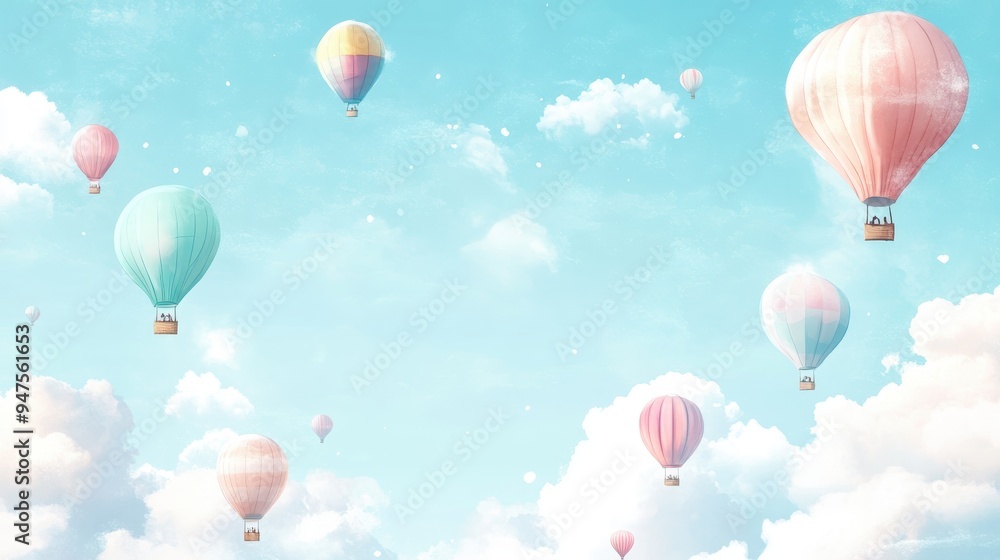 Fototapeta premium Watercolor Painting of Hot Air Balloons Floating in a Blue Sky with Fluffy White Clouds.