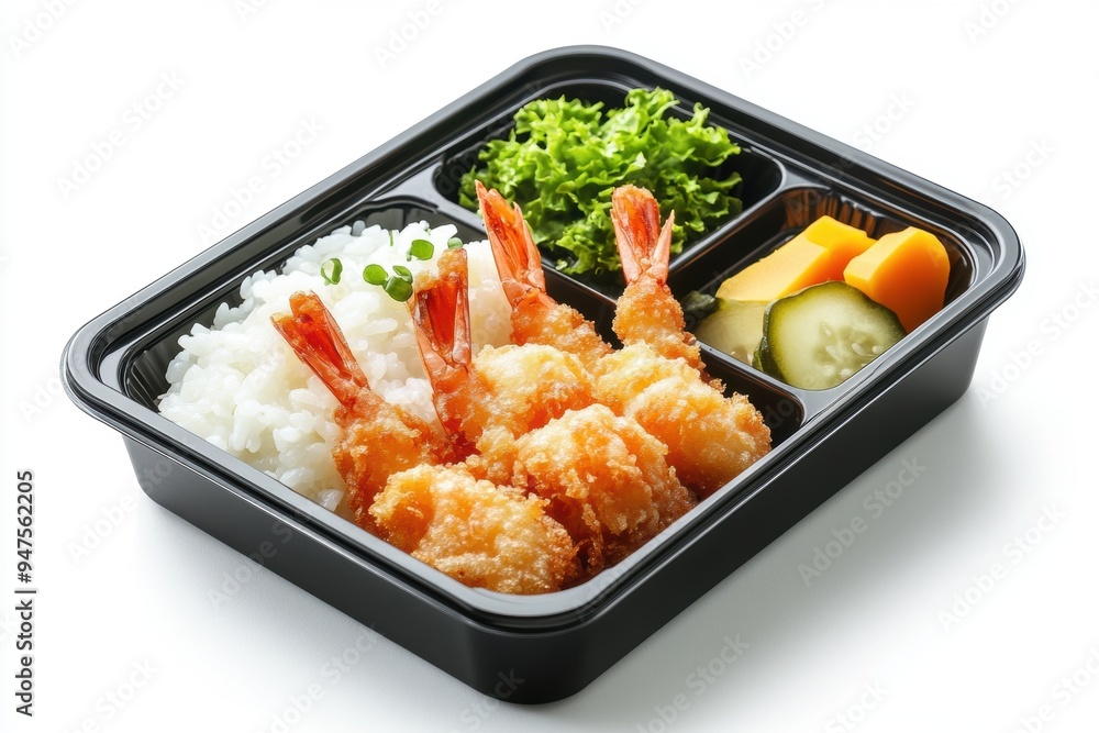 a bento box featuring crispy shrimp tempura, fluffy rice, and pickles. a bento box featuring crispy shrimp tempura, fluffy rice, and pickles.