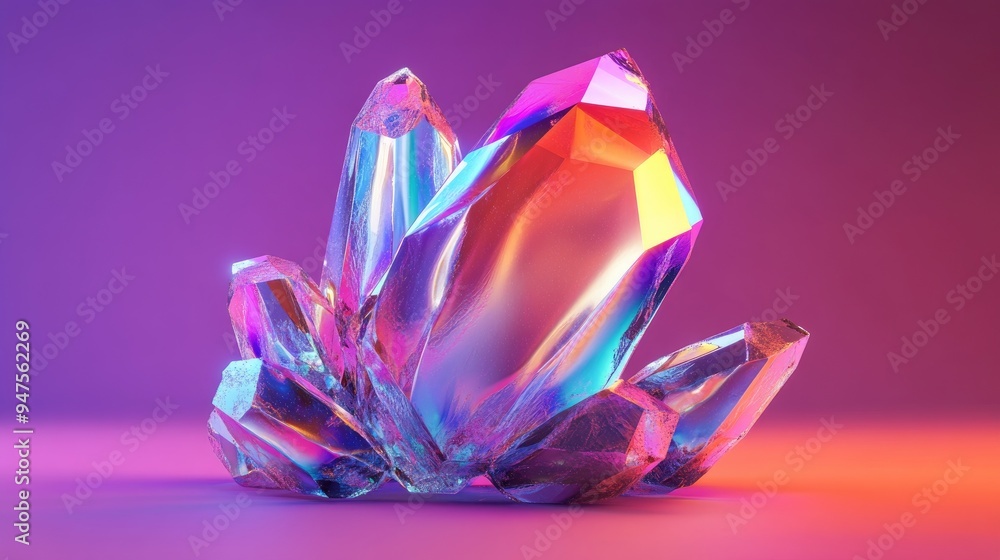 Iridescent abstract shape with colorful crystal effect in 3D rendering