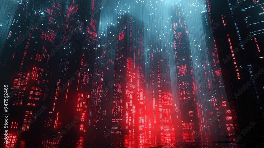 Futuristic Cityscape with Red Lights and Digital Rain - Cyberpunk Background Futuristic Cityscape with Red Lights and Digital Rain - Cyberpunk Background