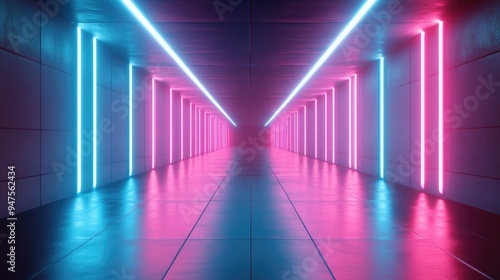 Futuristic tunnel illuminated by vibrant neon blue and pink lights in a 3D render