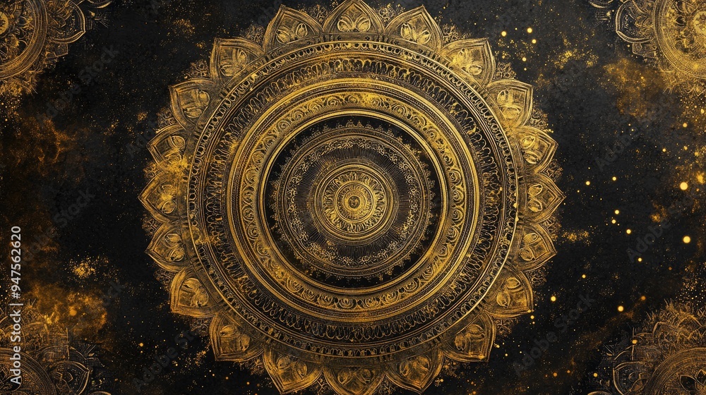 Golden gradient mandala artwork featuring ornate circular designs exuding a vintage and royal traditional style Golden gradient mandala artwork featuring ornate circular designs exuding a vintage and royal traditional style