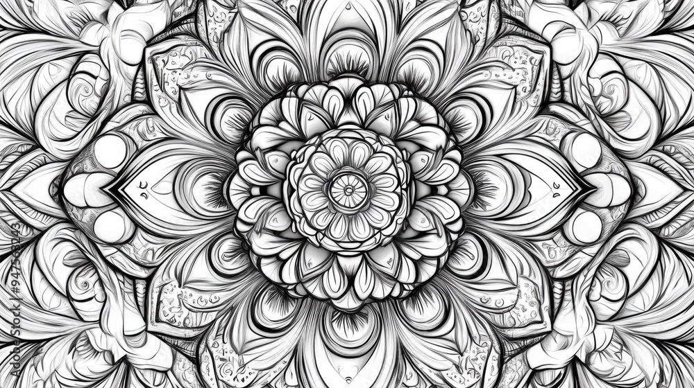Mandala design in black and white suitable for coloring featuring intricate decorative elements Mandala design in black and white suitable for coloring featuring intricate decorative elements