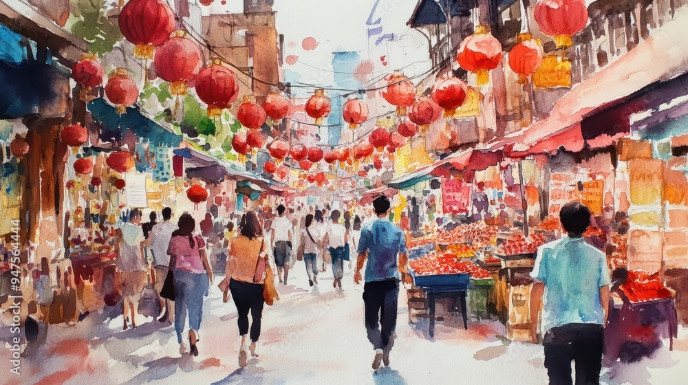 custom made wallpaper toronto digitalWatercolor Painting of a Busy Street Market with Red Lanterns in Asia