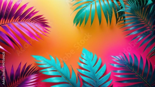 Tropical and palm leaves in gradient holographic neon colors.