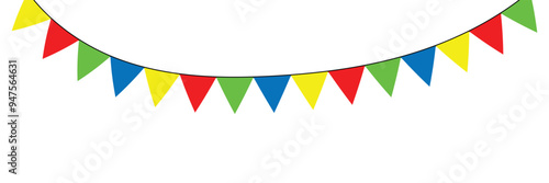 Celebrate hanging triangular garlands with confetti. Colorful perspective flags party isolated on white background. Birthday, Christmas, anniversary, and festival fair. Vector illustration in eps 10.