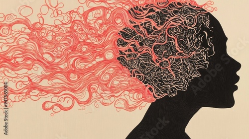 Woodcut inspired composition featuring a human profile intertwined with intricate patterns symbolizing human drama poetry and inner emotions photo