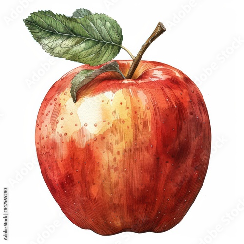 A watercolor painting of a red apple with a green leaf. The apple is shiny and has a yellow tint