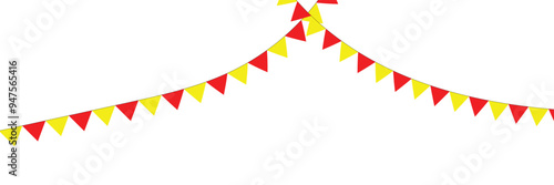 Celebrate hanging triangular garlands with confetti. Colorful perspective flags party isolated on white background. Birthday, Christmas, anniversary, and festival fair. Vector illustration in eps 10.