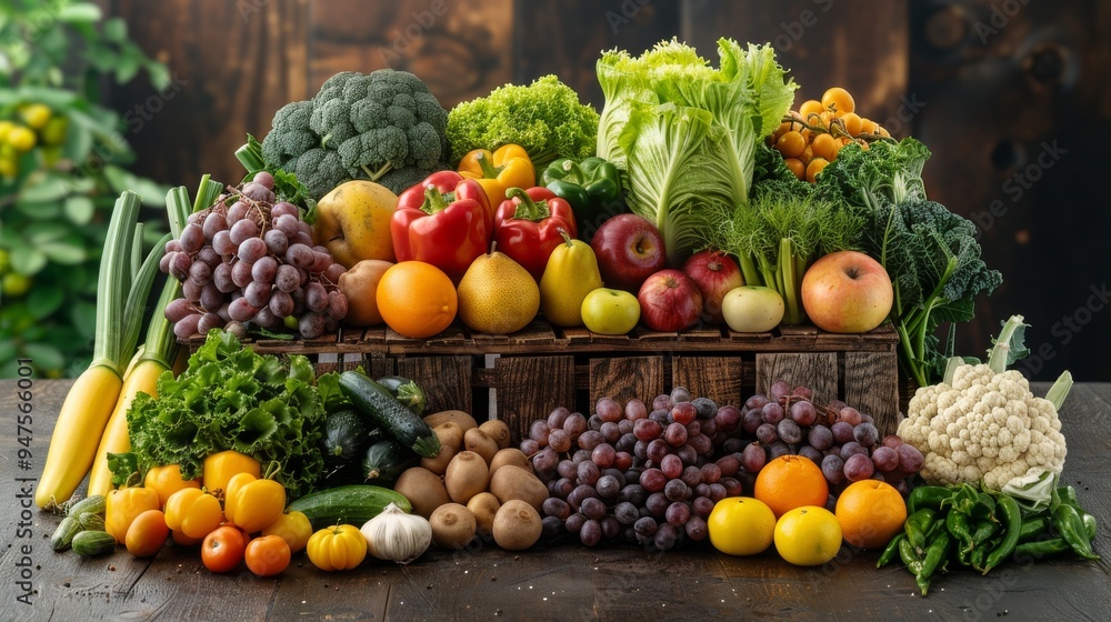 Various fresh ingredients neatly arranged on a kitchen countertop, fruits and vegetables Various fresh ingredients neatly arranged on a kitchen countertop, fruits and vegetables