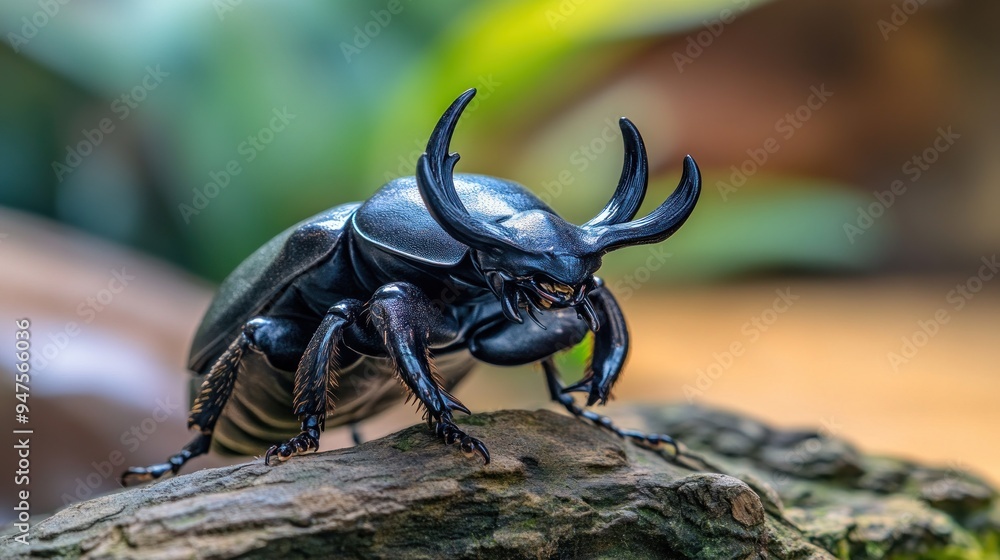 Closeup of a Black Beetle with Large Horns Closeup of a Black Beetle with Large Horns