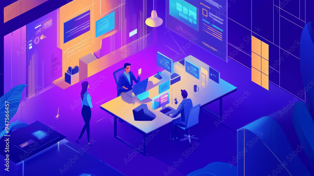 Obraz premium Advanced AI-Driven Remote Work Platform with Virtual Offices and Collaborative Tools, Featuring Seamless Communication, Real-Time Project Management, and Enhanced Productivity for Distributed Teams