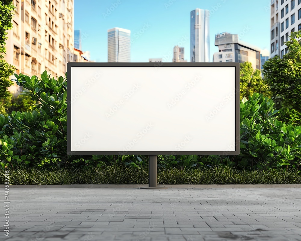 Fototapeta premium Blank billboard in urban setting with cityscape background and green foliage, ready for advertisement or promotional content, daytime scene.
