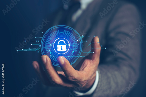 Businessman holding Padlock icon and internet technology networking. protecting data personal information. privacy security. Data protection privacy. Cyber security network. GDPR