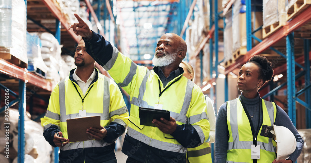 Warehouse, inventory and people with tablet in discussion for inspection checklist, export or update. Dropshipping, meeting and work with tech by shelf for supply chain, plan or operations management Warehouse, inventory and people with tablet in discussion for inspection checklist, export or update. Dropshipping, meeting and work with tech by shelf for supply chain, plan or operations management