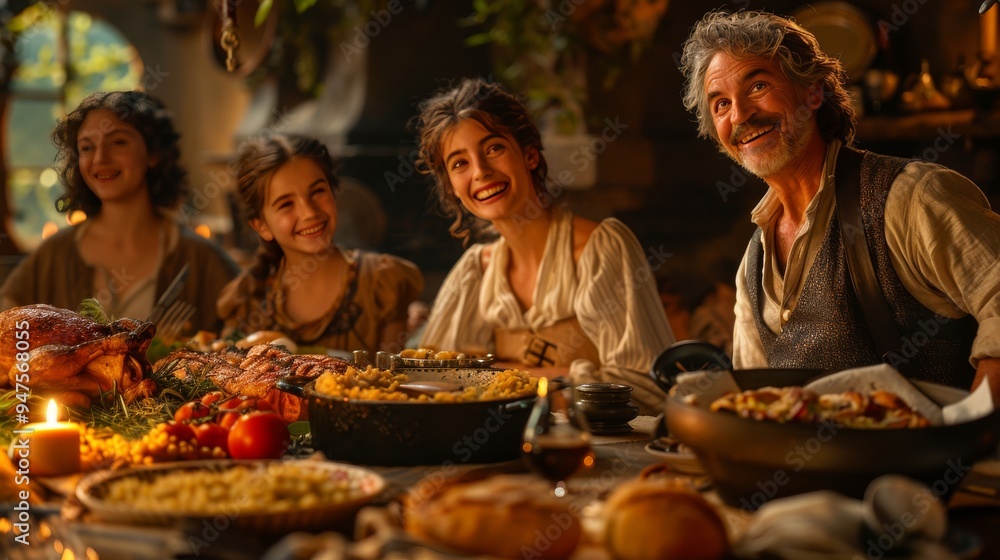 Warm and inviting image of a family gathering around a table, enjoying a home-cooked meal together Warm and inviting image of a family gathering around a table, enjoying a home-cooked meal together