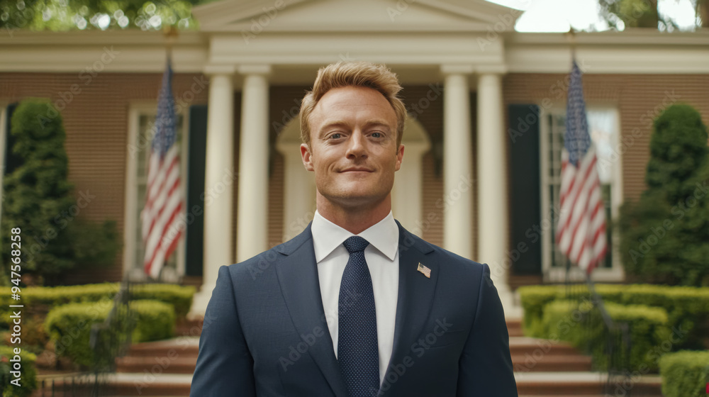 Proud Executive Posing at Government Office. A striking photo of a light-skinned man in a navy suit, exuding pride and success, with an American flag and a grand building as the backdrop.
Proud Executive Posing at Government Office. A striking photo of a light-skinned man in a navy suit, exuding pride and success, with an American flag and a grand building as the backdrop.