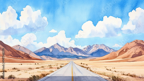 A scenic watercolor painting of desert highway stretching towards majestic mountains under bright blue sky with fluffy clouds.