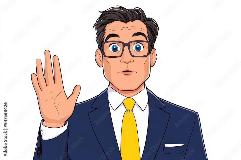 A surprised businessman in a suit, raising his hand, expressing caution or greeting. Ideal for corporate and business themes. A surprised businessman in a suit, raising his hand, expressing caution or greeting. Ideal for corporate and business themes.