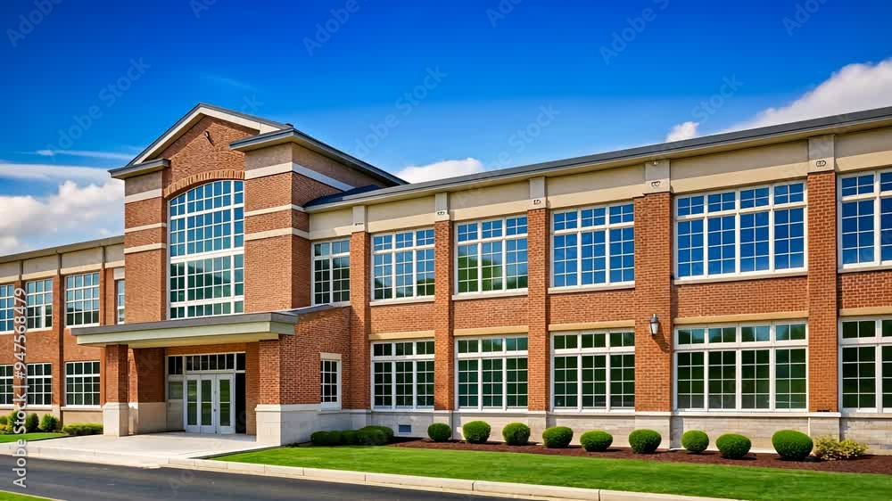 Modern brick school building with large windows. Modern brick school building with large windows.