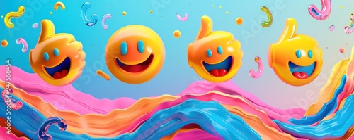 Thumbs-up emojis amidst a background of abstract, colorful waves and playful forms, creating a joyful atmosphere.