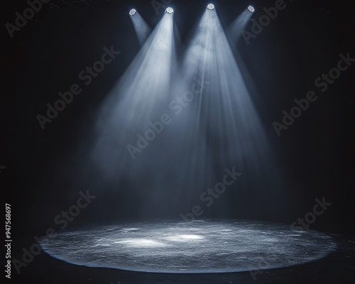 Dramatic stage lighting with focused spotlights casting beams of light onto an empty stage, creating a moody atmosphere.