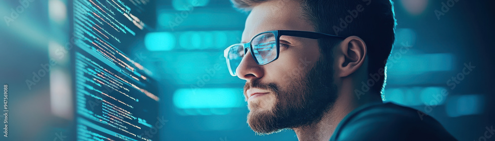 Focused web developer reviewing code on screen, showcasing concentration and expertise. Focused web developer reviewing code on screen, showcasing concentration and expertise.