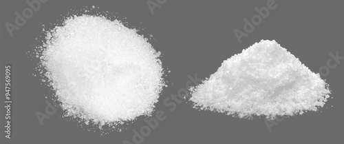 Sea salt piles set isolated on background. Vector realistic illustration of white powder heap top and side view, potassium chloride crystals scattered on surface, natural mineral for cooking and spa
