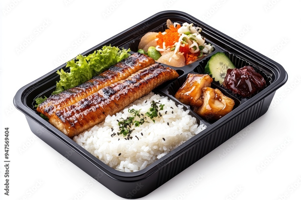 a bento box featuring grilled eel, fluffy rice, and pickled vegetables. a bento box featuring grilled eel, fluffy rice, and pickled vegetables.