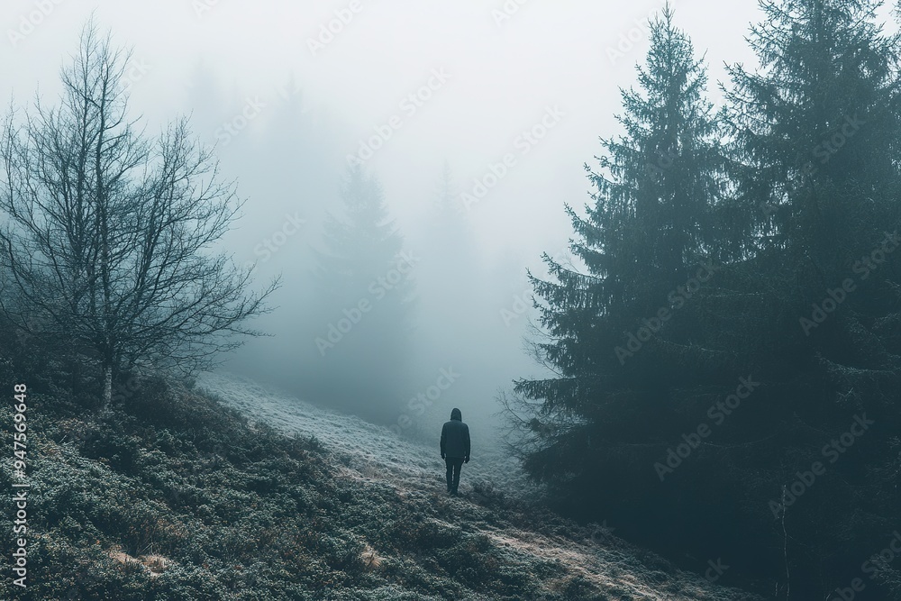 Obraz premium Person in misty forest exudes solitude and mystery