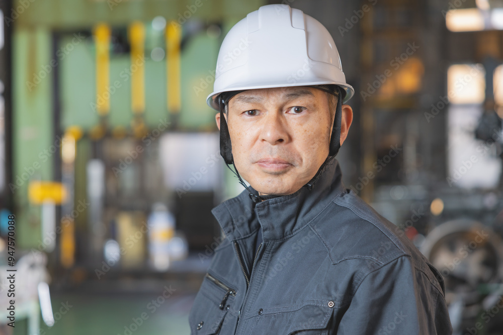 Supervisor of a manufacturing site wearing a white helmet with a machine tool in the background. Supervisor of a manufacturing site wearing a white helmet with a machine tool in the background.
