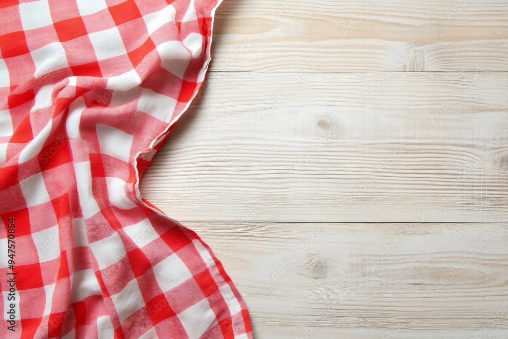 Red and white checkered tablecloth on a light wooden background Red and white checkered tablecloth on a light wooden background