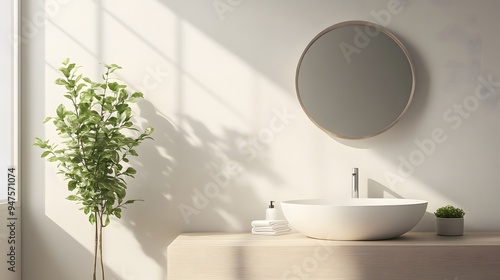 Minimalist bathroom with a white sink, a single mirror, and a small plant