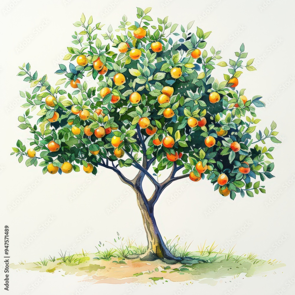 Fototapeta premium A vibrant watercolor illustration of a full orange tree laden with ripe fruit. The tree stands tall against a white background, showcasing its lush green leaves and bright orange citrus