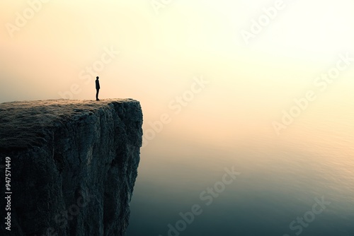 Person standing on cliff edge in misty landscape photo