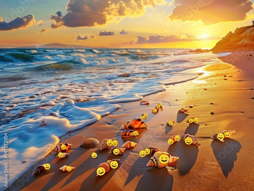 Sunset beach scene with emojis as seashells, scattered along the shore. photo