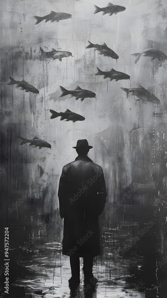 Man in a coat standing in front of a wall with fish. Man in a coat standing in front of a wall with fish.