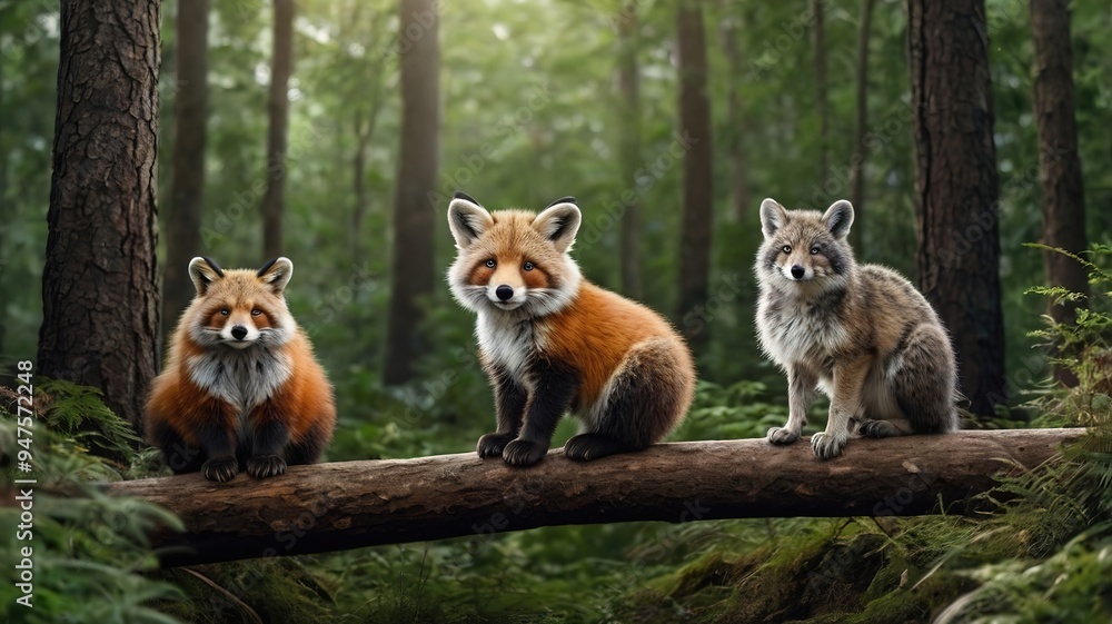 Fototapeta premium Cute fox, in a lush green forest setting.