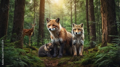 Wallpaper Mural dorable fox, bear, and deer playing in a forest clearing. Torontodigital.ca