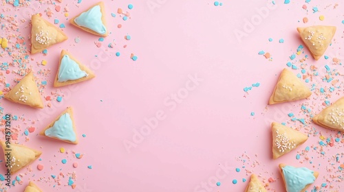 Festive Purim Border Carnival with Hamantaschen Cookies and Costume Accessories on Pastel Pink Background for Web Banner